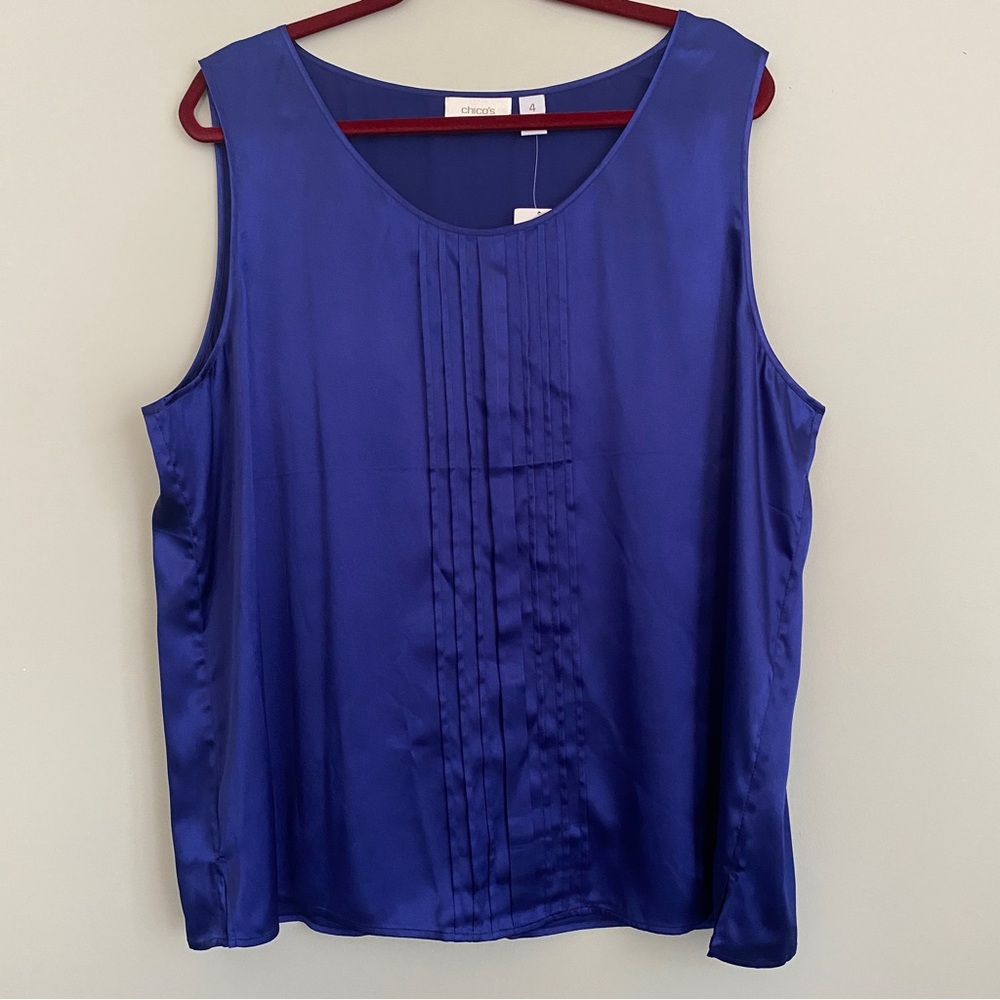 Chico’s Silky Splendor Gloria Pleated Sleeveless Tank in Rich Shiny Blue Size 20
